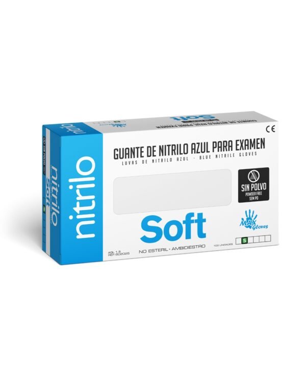 Guantes de nitrilo sin polvo azul, caja de 100 unidades.